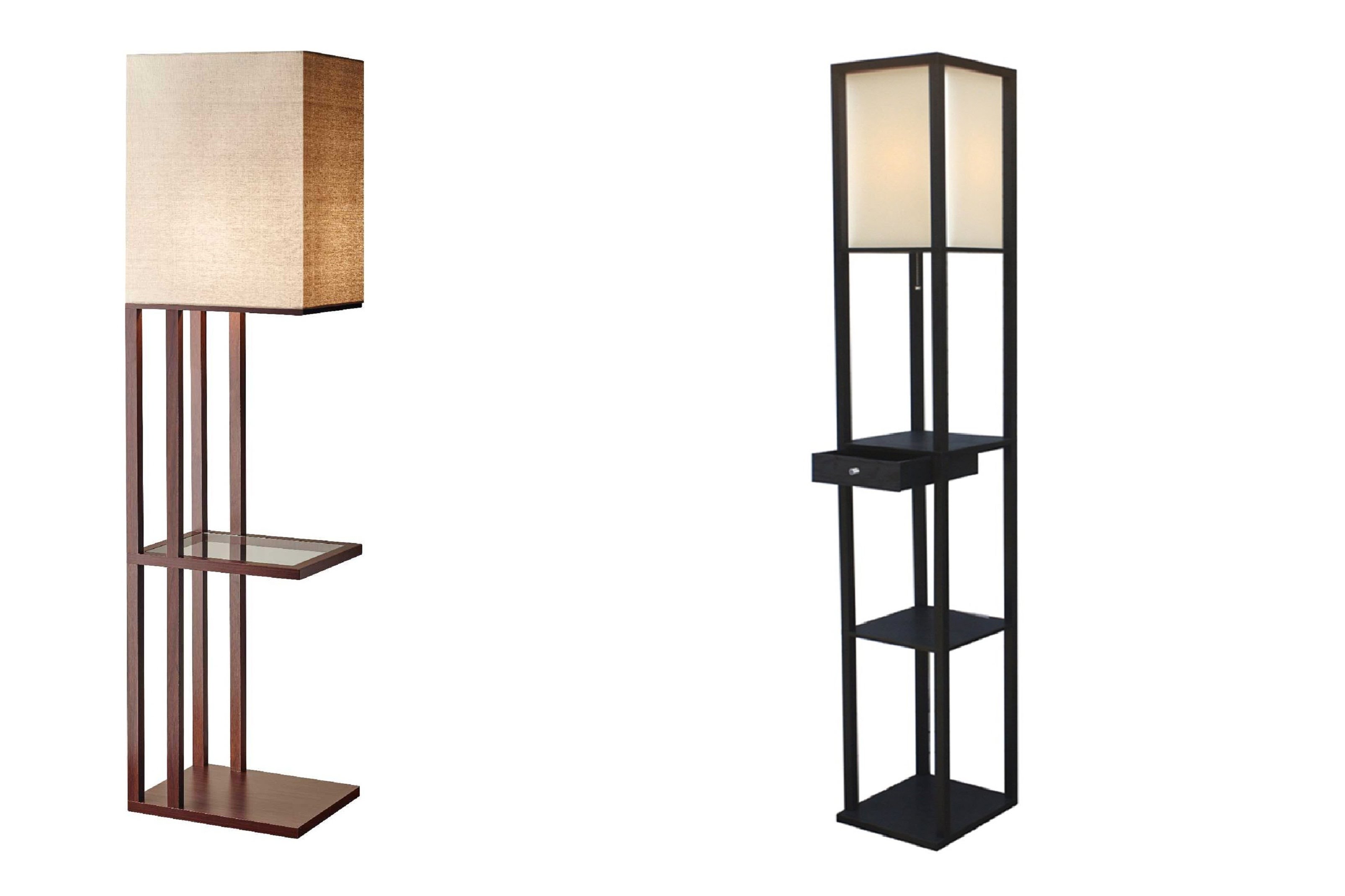 ValueLights Floor Lamp With Shelf – Black Wooden Base & Large Drum Shade – LED Compatible, E27 – Living Room Storage Light
