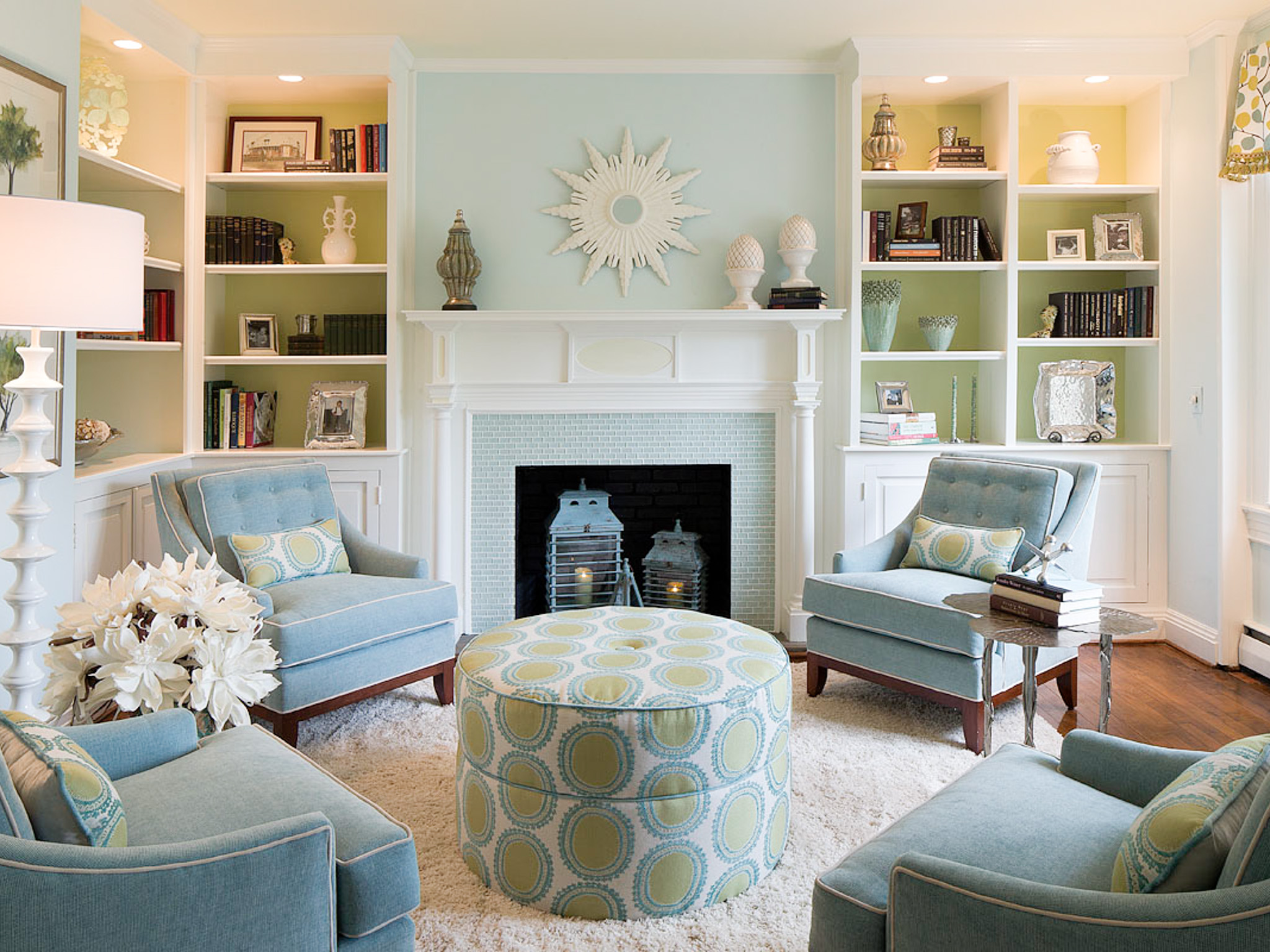 living room with blue gray walls